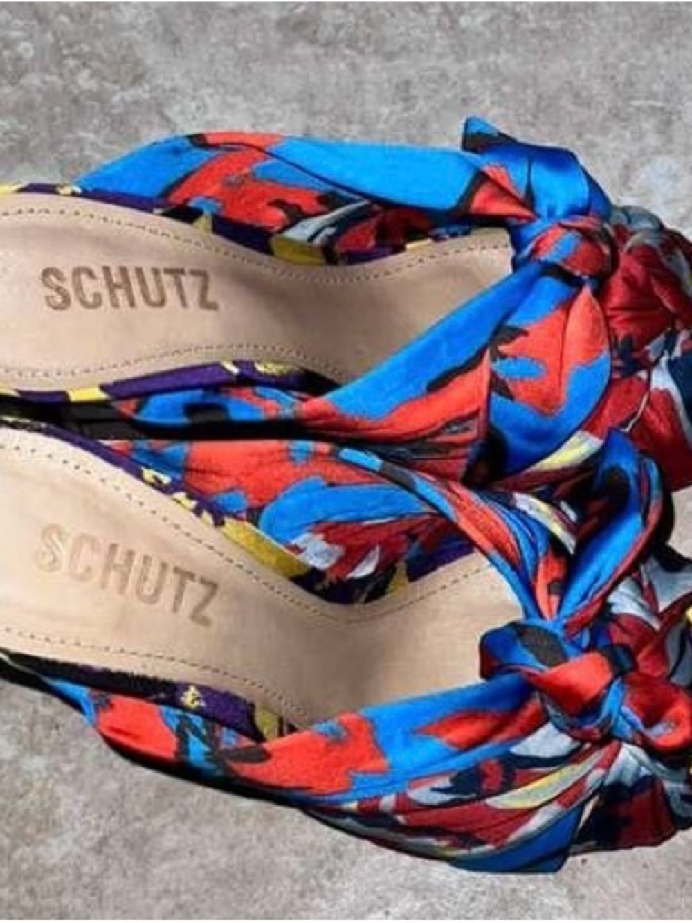 SCHUTZ Knotted Slide Mules in Blue & Red Floral Print